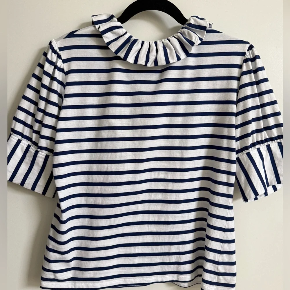 Saint James Striped Tee Ruffle Neck Navy White Small - Picture 2 of 7